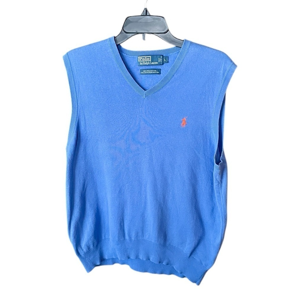 Polo Ralph Lauren men’s v-neck sweater vest 100% Pima cotton Large blue - Picture 1 of 7